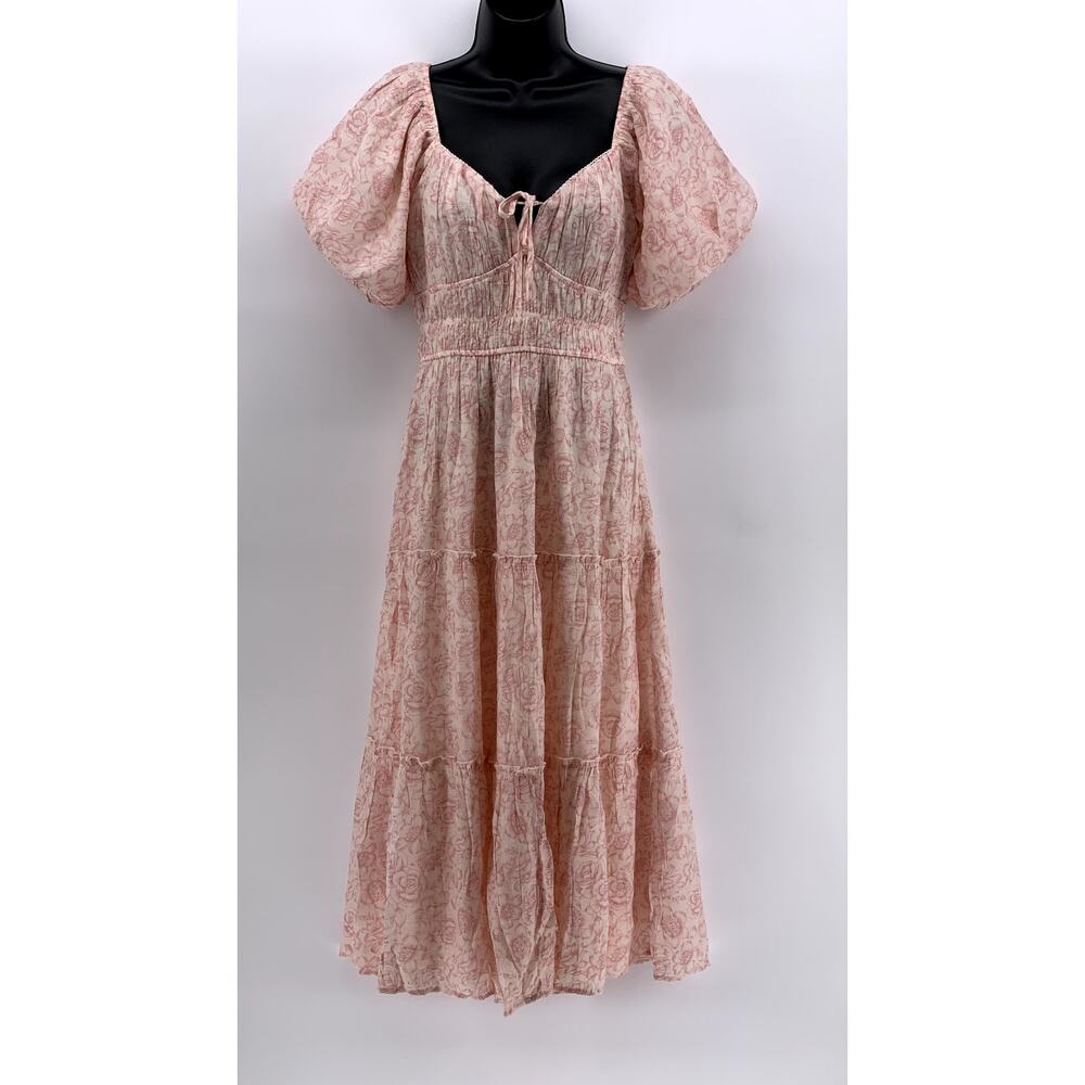 TRIXXI Women's Pink Floral Smocked V-Neck Maxi Dress SZ S